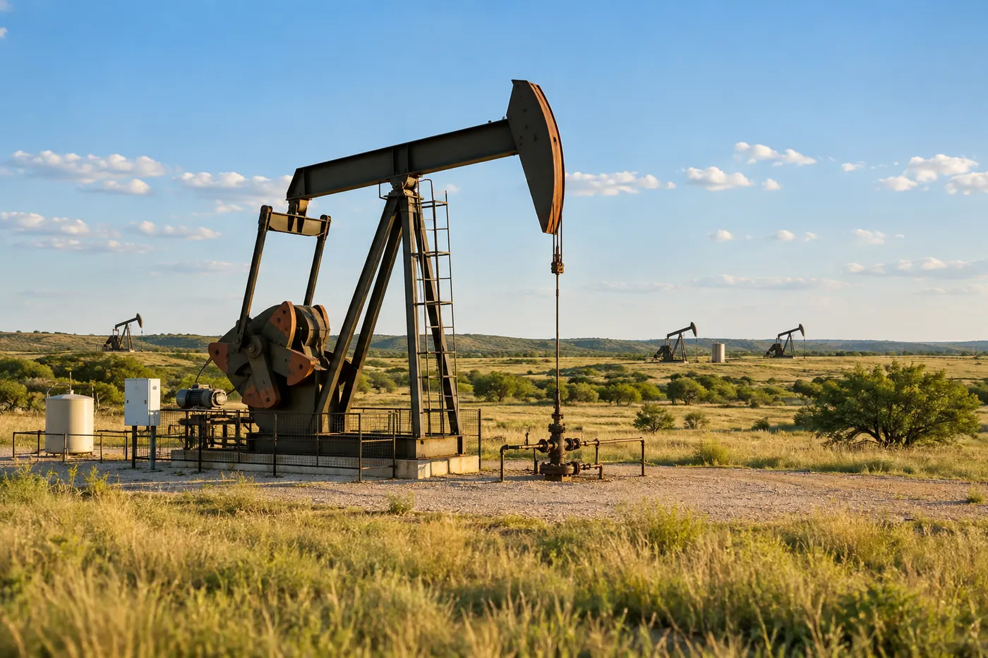 Oil pumpjacks in a Texas field in warm afternoon light