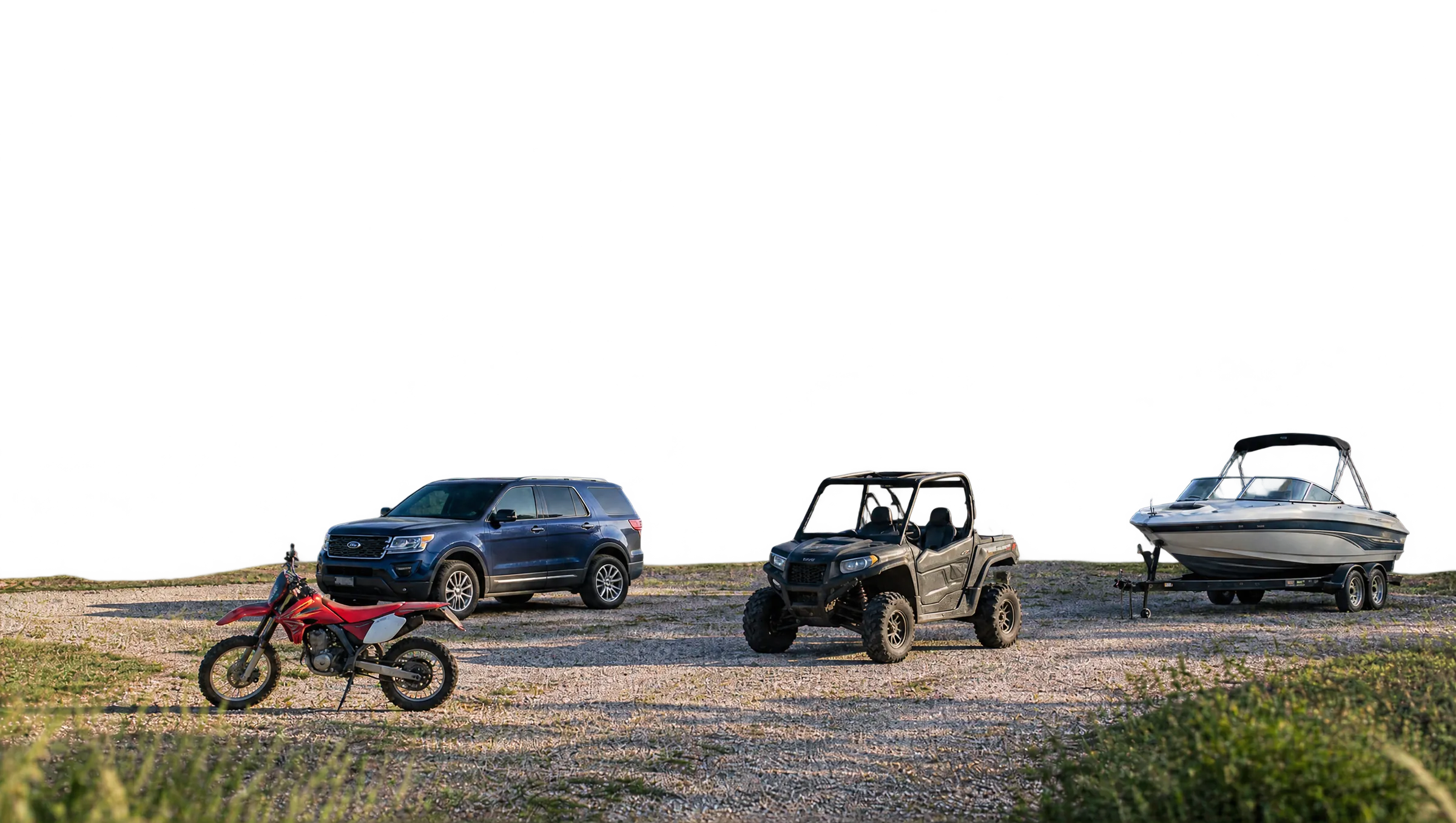 A blue SUV, red dirt bike, side-by-side UTV, and a boat on its trailer in the foreground